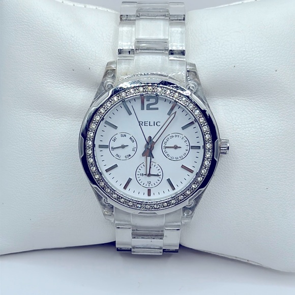 Working! Relic Rhinestone Bezel Clear Plastic Band Ladies Watch - Picture 1 of 8